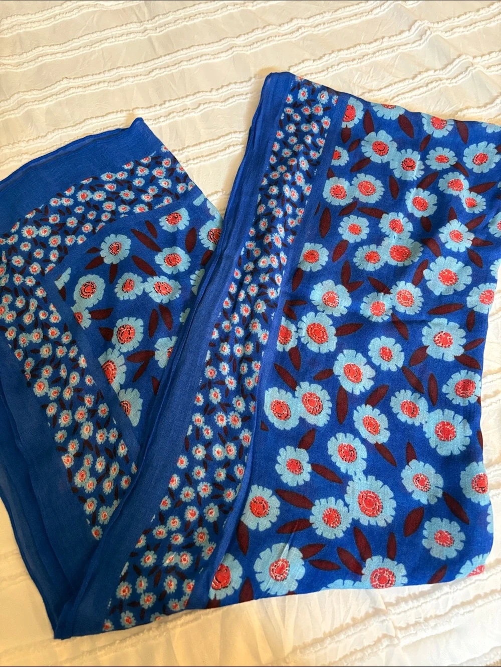 kate spade Tangier Floral Royal Blue Scarf with Coral Accents approx 24”x 80”